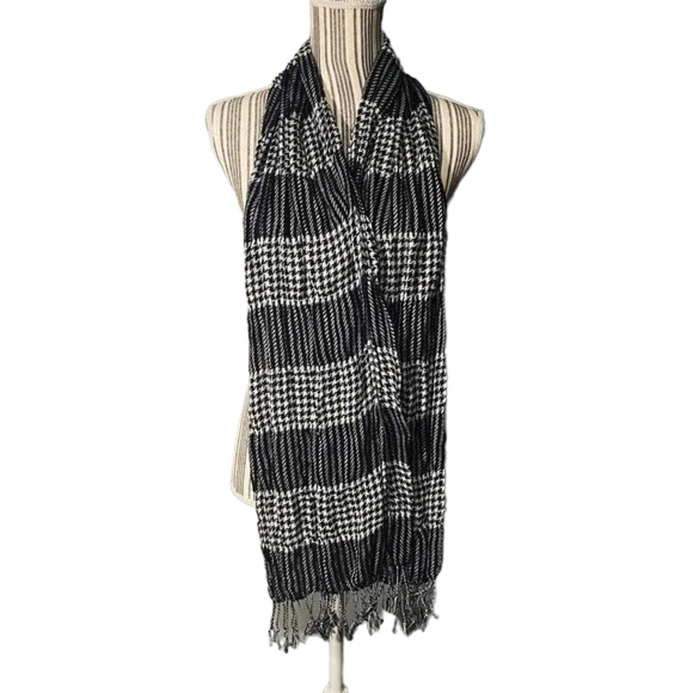 Black & White Checkered Fringe Trim Long Color Block Scarf Women Sz OS